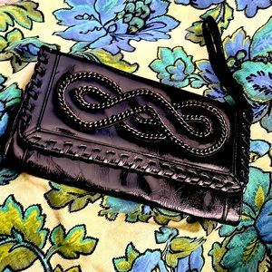 LikeNew Giannini Black Faux Patent Leather Clutch Purse Chain Embellished